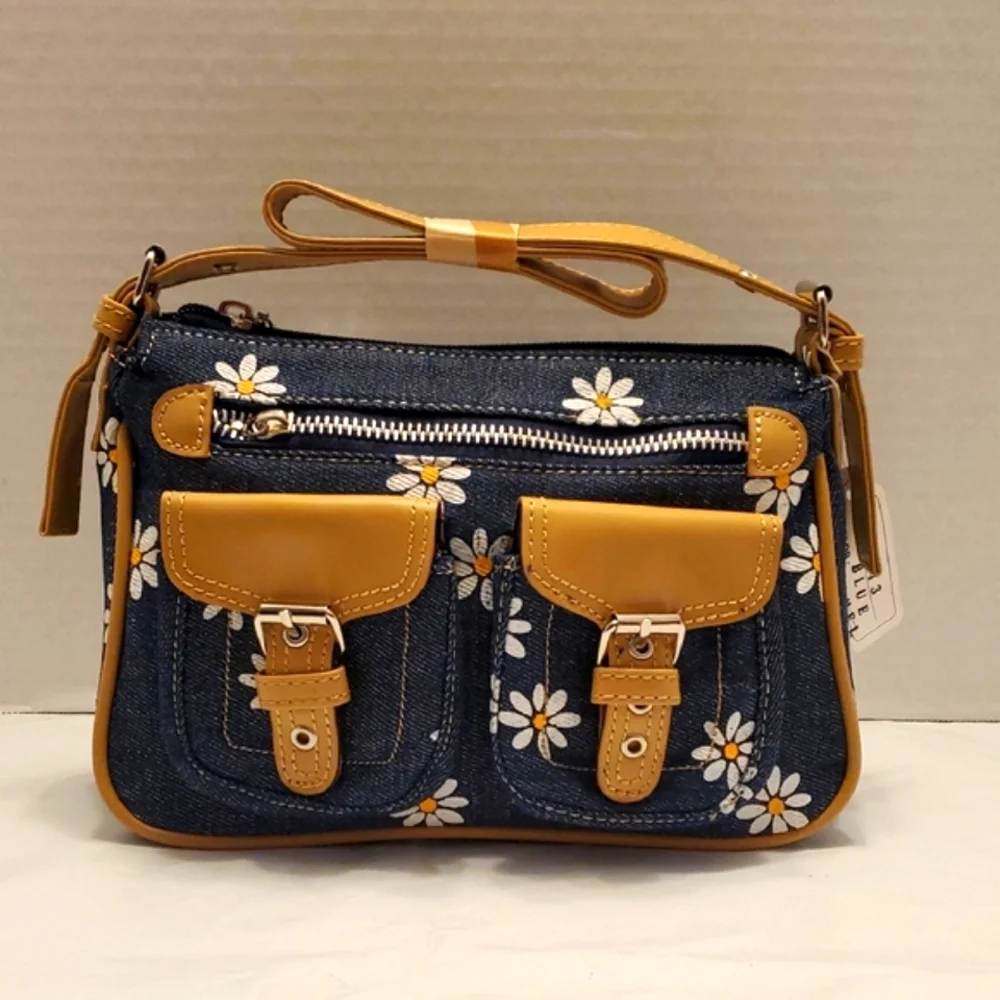 Floral Denim Shoulder Bag with Tan Accents - Picture 1 of 5